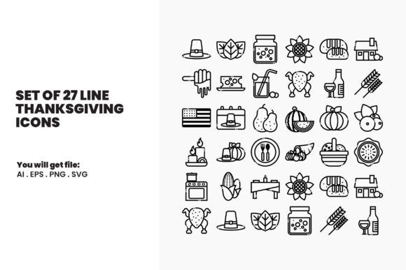 Set of 27 Line Thanksgiving Icons for Graphics and Crafts