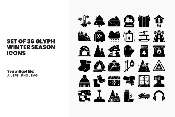 Set of 36 Glyph Winter Icons for Graphics and Icons